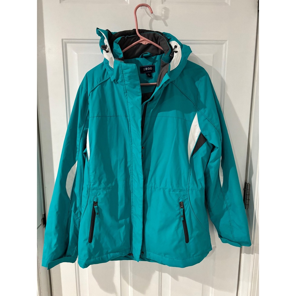 IZOD Advantage Womens Teal Blue Hooded Full Zip Performance Ski Jacket Large